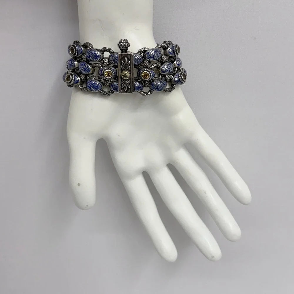 Ned Bowman Laurel Leaf Sterling Gold Blue Enamel Yellow Gemstone Bracelet 7 1/2